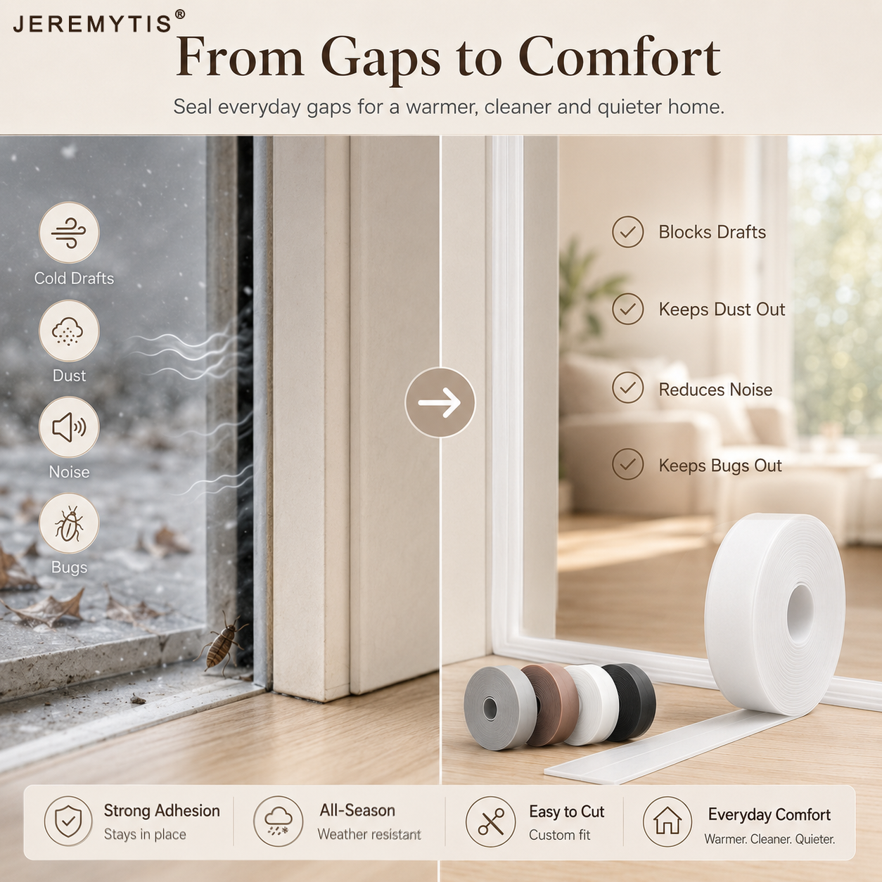 16.4Ft Door Weather Stripping | Adhesive Draft Stopper Seal Strip for Doors, Windows & Shower Doors